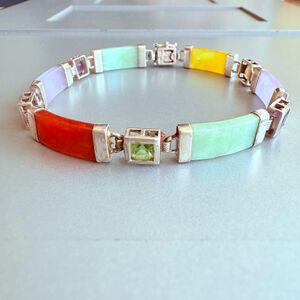 Vintage Multicolored Jade & Gemstones Link Panel Sterling Silver 925 Bracelet